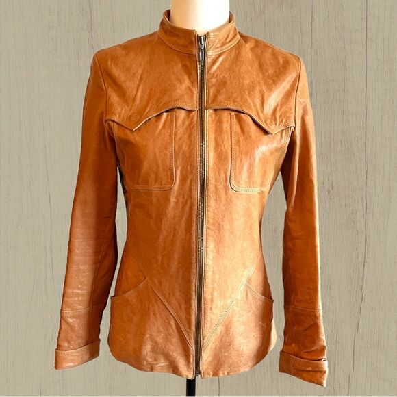 Vintage leather jacket fitted camel colour - Picture 2 of 13